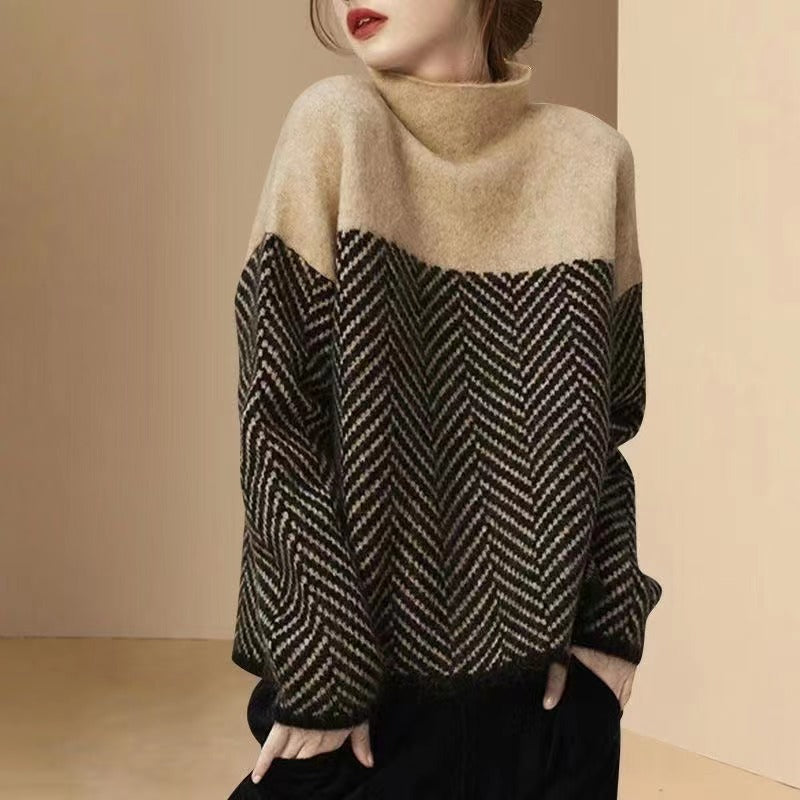 Damen gemütlicher Strickpullover mit modischem Zickzackmuster Drune