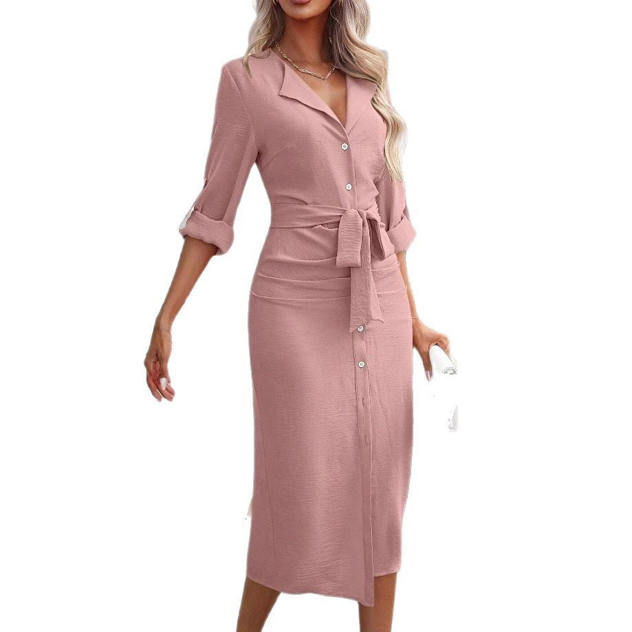 Damen Tailliertes Hemdblusenkleid aus Crinkle-Jersey mit Bindegürtel und Frontschlitz Drune