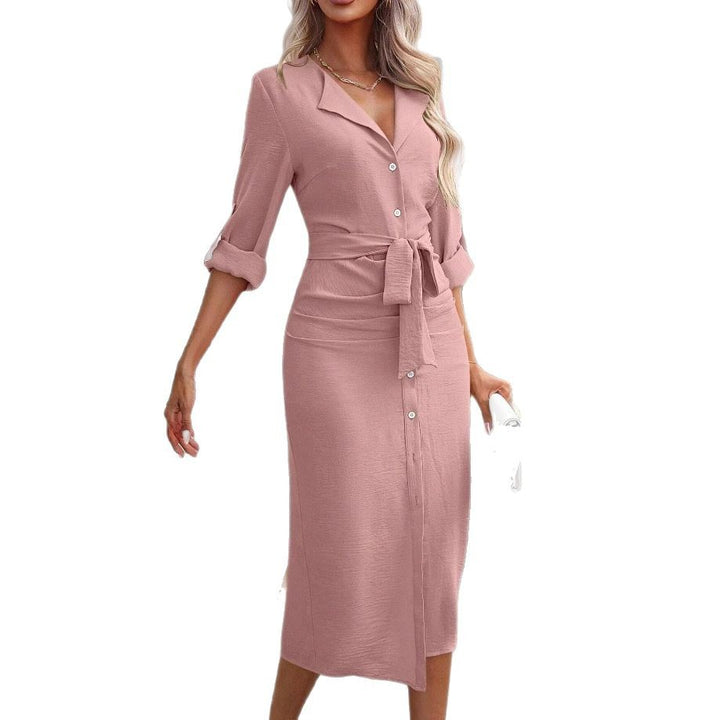 Damen Tailliertes Hemdblusenkleid aus Crinkle-Jersey mit Bindegürtel und Frontschlitz Drune