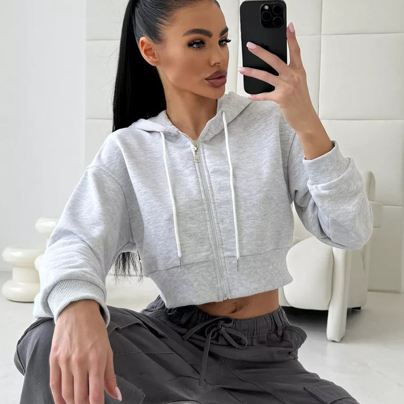 Damen Cropped Kapuzenjacke mit Reißverschluss und Seitentaschen Drune