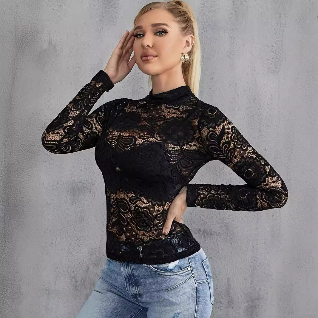 Damen nan figurbetontes Spitzen-Longsleeve mit Stehkragen und floralem Ajour-Muster Drune