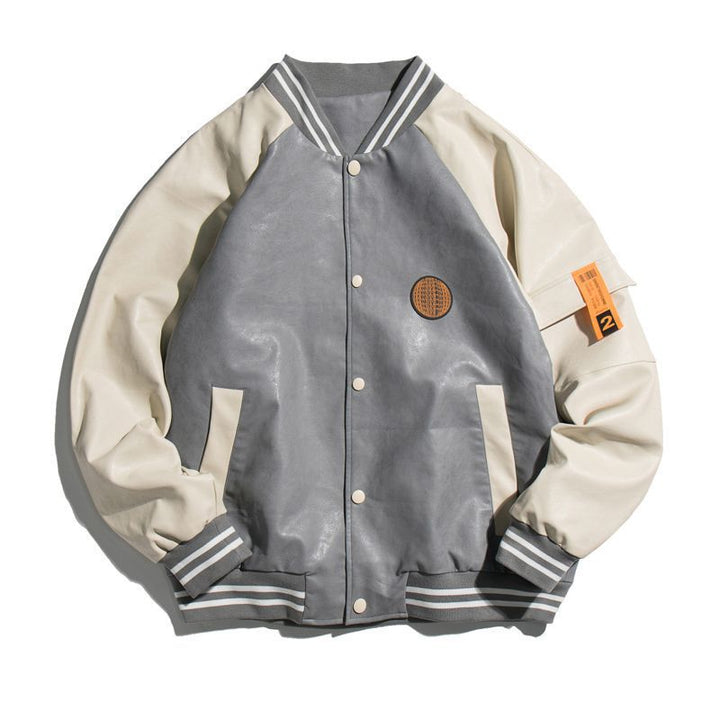 Herren College-Bomberjacke im Varsity-Stil aus Kunstleder mit Kontrastärmeln und Rippbündchen Drune