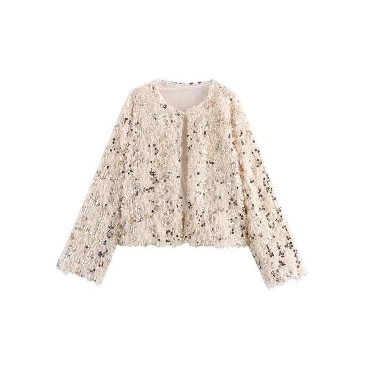 Damen Cropped‑Jacke aus flauschigem Faux‑Fur mit Paillettenbesatz Drune
