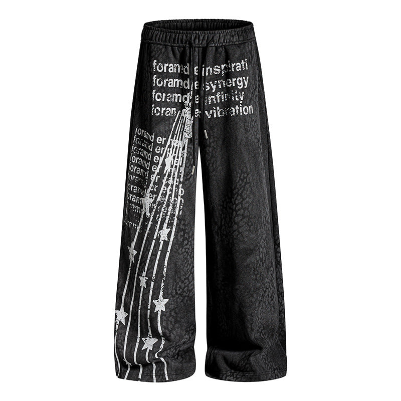 Damen Weite Palazzo-Joggpants mit Tunnelzugbund, Statement-Print und Vintage-Waschung Drune