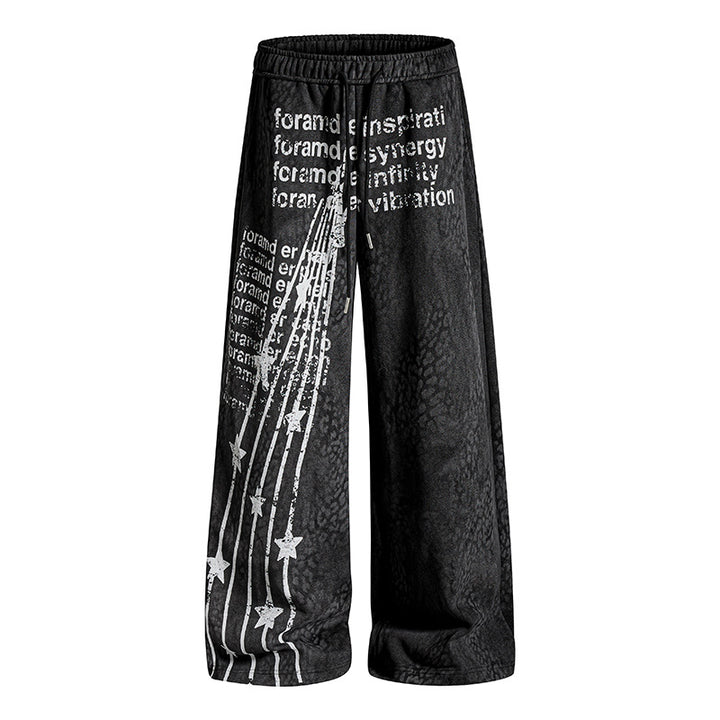 Damen Weite Palazzo-Joggpants mit Tunnelzugbund, Statement-Print und Vintage-Waschung Drune