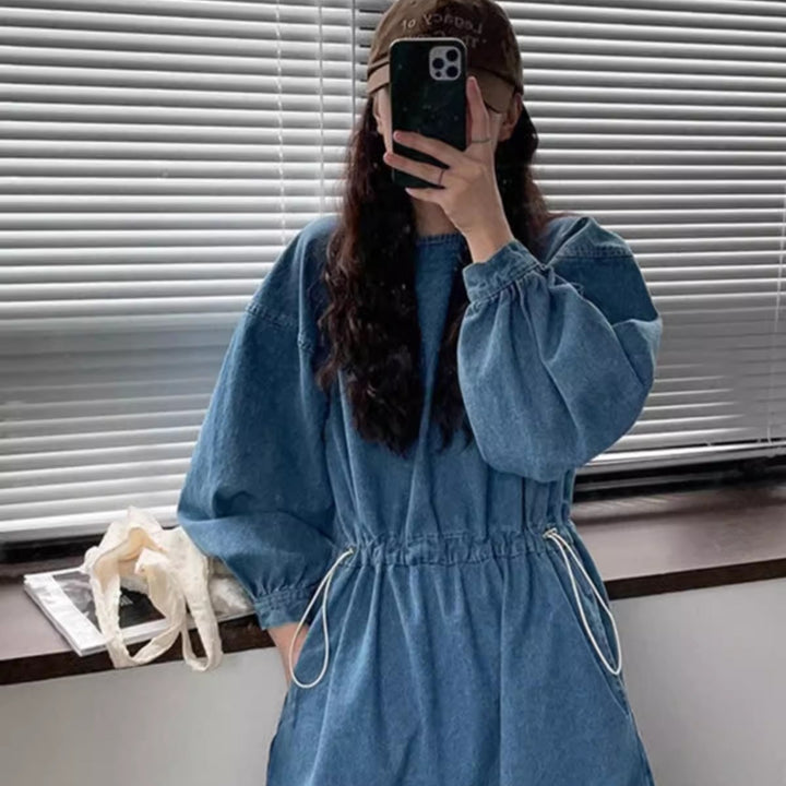 Damen Denim-Midikleid mit Kordelzugtaillierung Drune