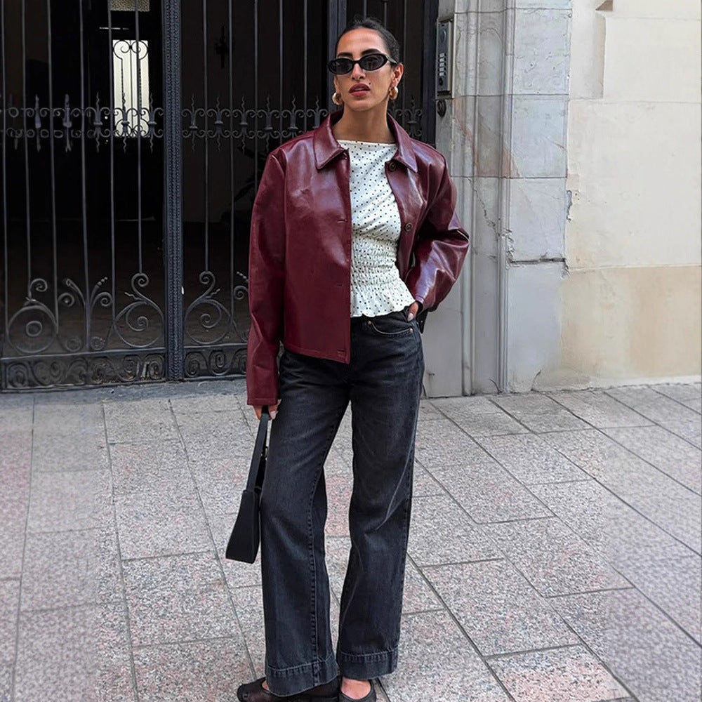 Damen Boxy-Kunstlederjacke mit Hemdkragen und geradem Cropped-Schnitt Drune