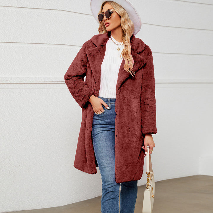 Damen Eleganter Kunstpelzmantel mit tiefem Kragen Drune