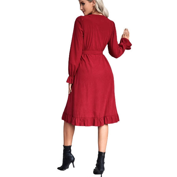 Damen langärmliges Wickelkleid mit Knopfdetails und taillierter Silhouette Drune