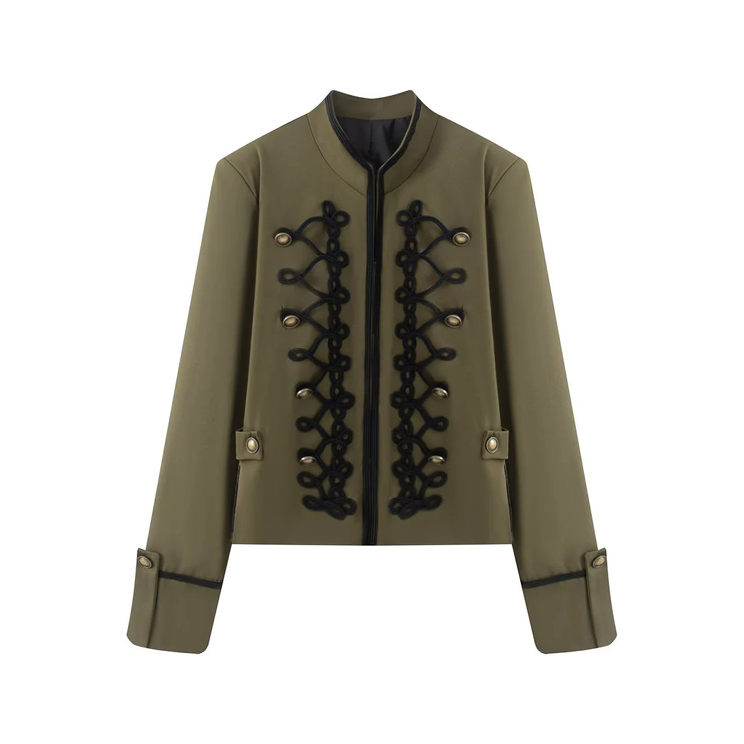 Damen nan kurze Jacke im Uniformstil mit ornamentaler Kordverzierung, Stehkragen und verdecktem Reißverschluss Drune