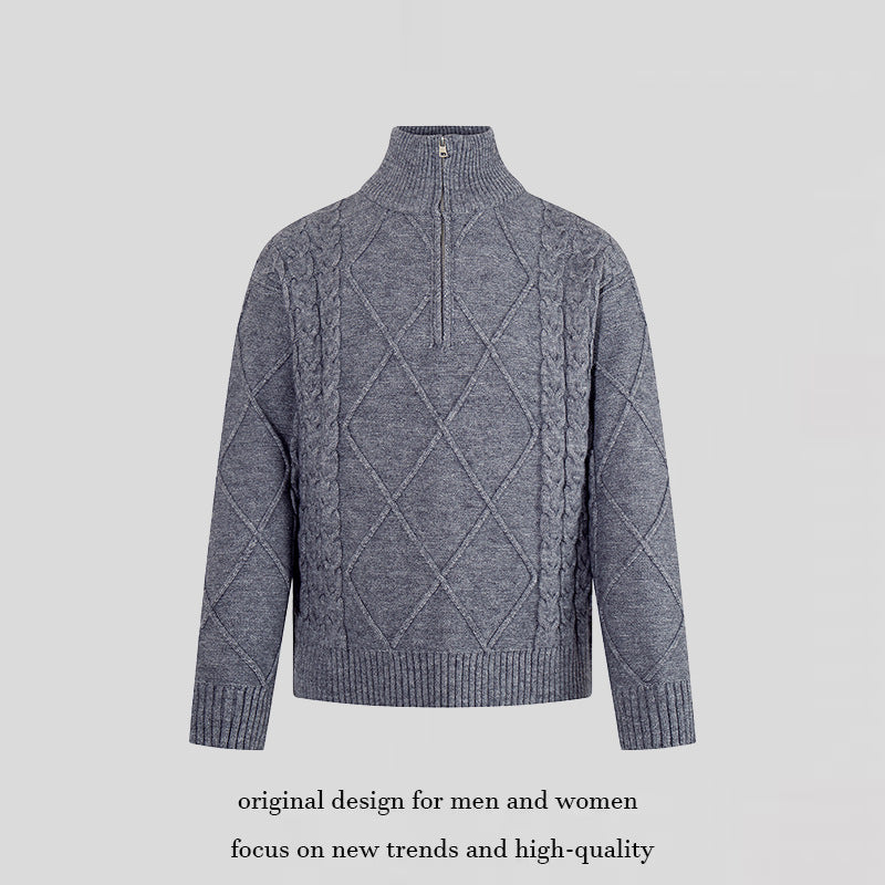 Herren Strickpullover mit Zopfmuster, halbem Reißverschluss und hohem Stehkragen Drune