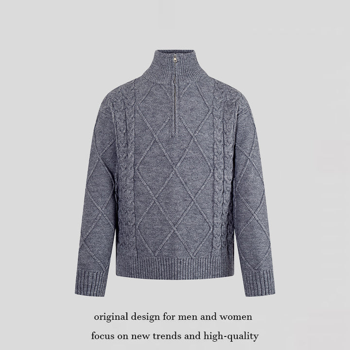 Herren Strickpullover mit Zopfmuster, halbem Reißverschluss und hohem Stehkragen Drune