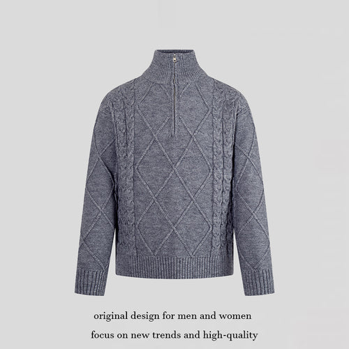 Herren Strickpullover mit Zopfmuster, halbem Reißverschluss und hohem Stehkragen Drune