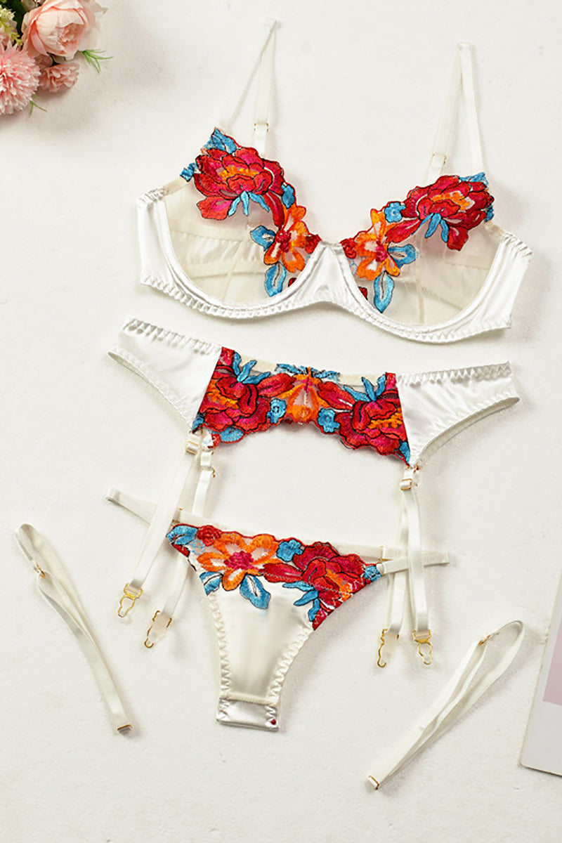 Drune | Satin Durchsichtige Blumen 3 Teile Lingerie Set