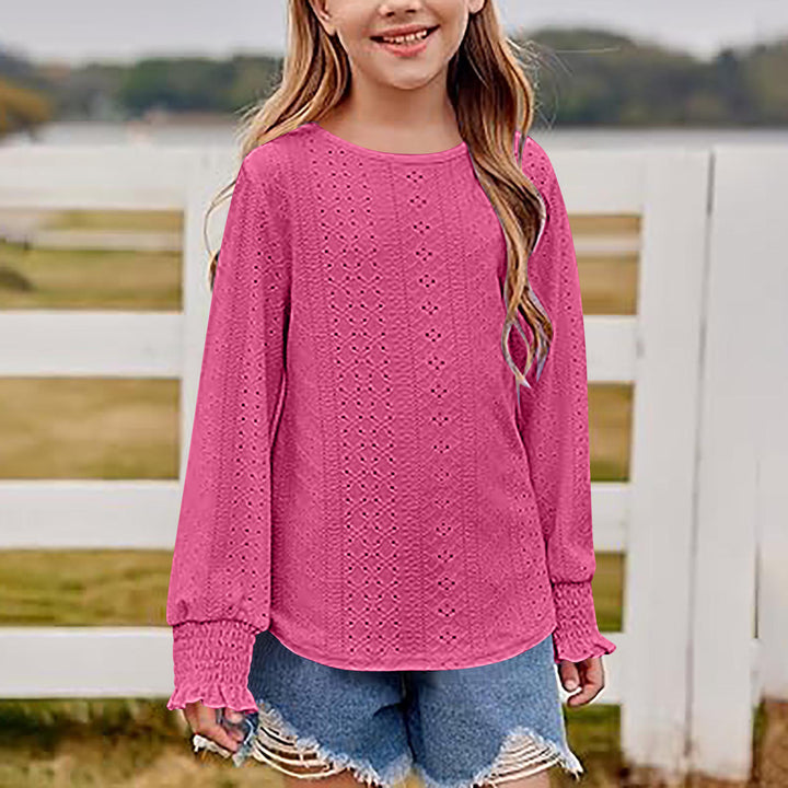 Damen Ajourgestricktes Oversize-Pullover-Shirt mit Ballonärmeln und Rüschenbündchen Drune