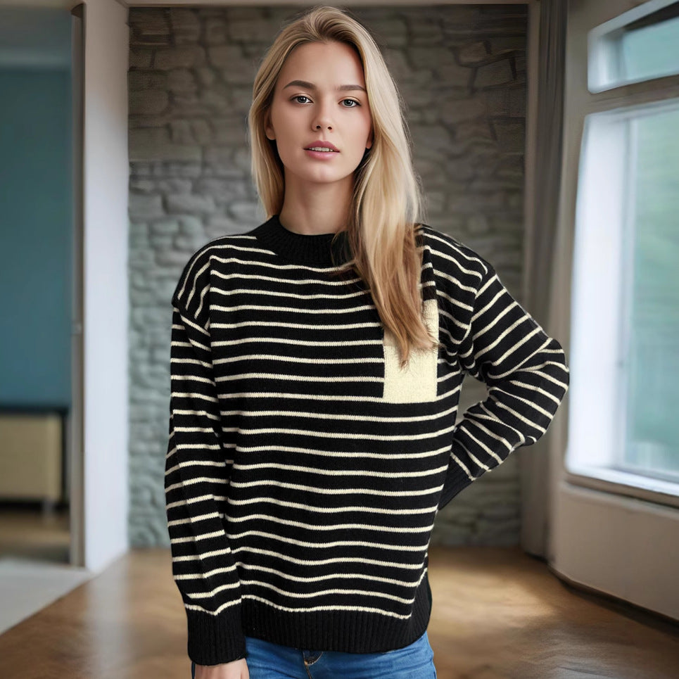 Damen lässiger Strickpullover mit breitem Streifenmuster und überschnittenen Schultern Drune