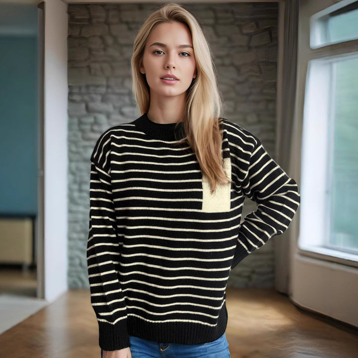 Damen lässiger Strickpullover mit breitem Streifenmuster und überschnittenen Schultern Drune