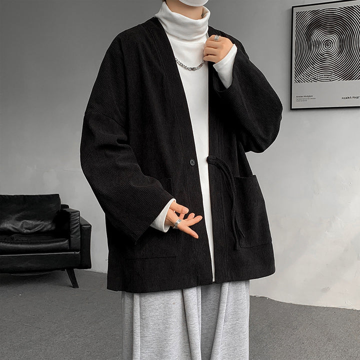 Herren nan oversized Cord-Kimono-Cardigan mit Kordelzug, aufgesetzten Taschen und Tropfenärmeln Drune