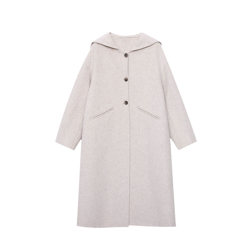 Damen eleganter Langmantel mit großer Kapuze und Knopfdetails Drune