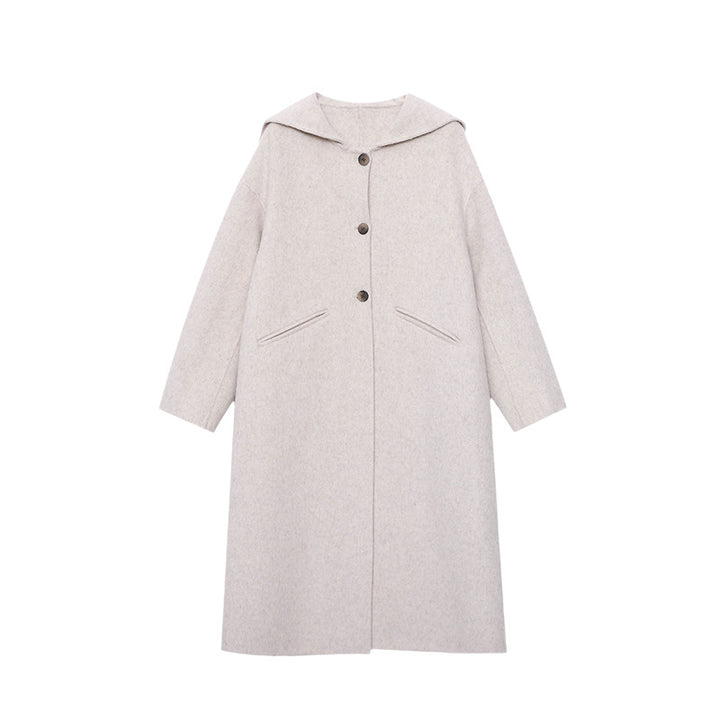 Damen eleganter Langmantel mit großer Kapuze und Knopfdetails Drune
