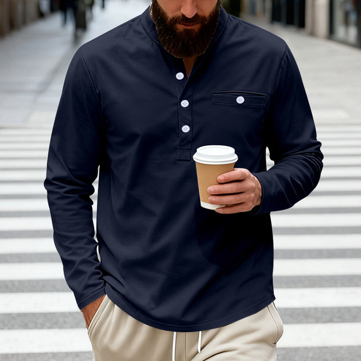 Herren nan langärmeliges Henley-Shirt mit Stehkragen, Brusttasche und dekorativer Knopfleiste Drune