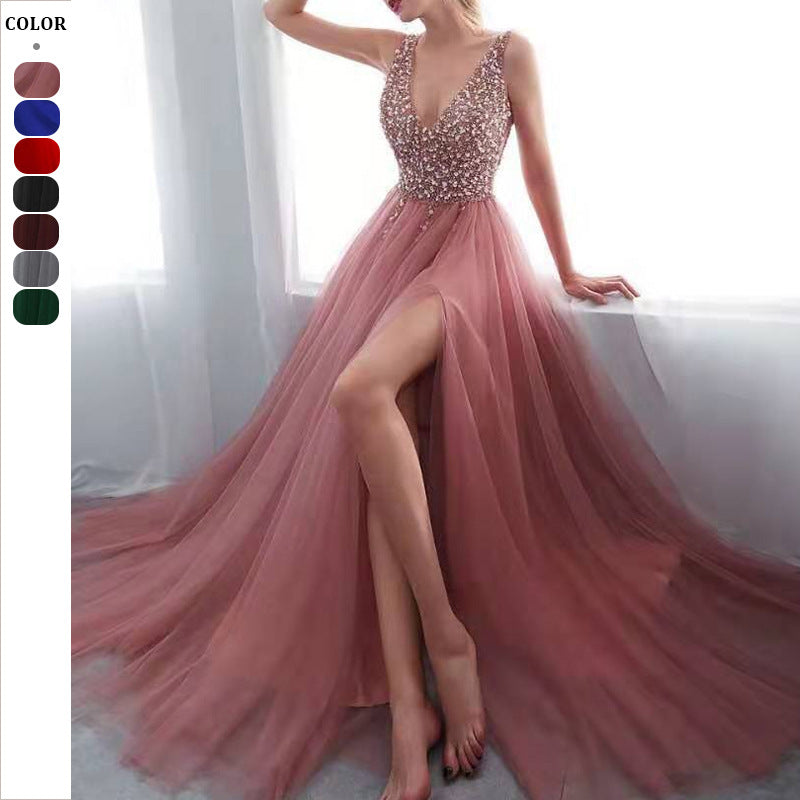 Damen Elegantes Maxikleid mit schimmerndem Oberteil und hohem Schlitz Drune