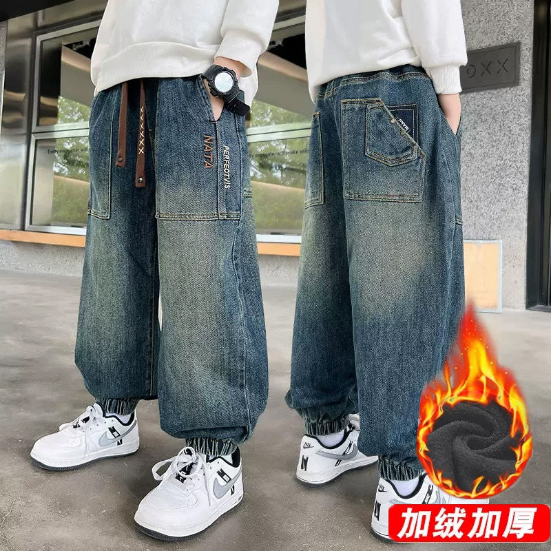 Unisex weite Denim-Hose mit elastischen Bündchen und großen Taschen Drune