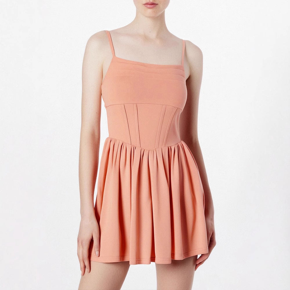 Damen schickes Sommerkleid mit Trägern und Falten Drune