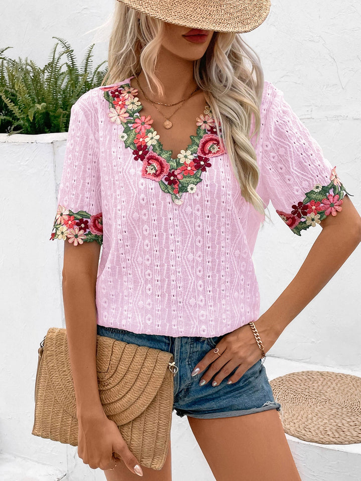 Damen Bluse mit floralen Stickereien und luftigen Ärmeln Drune