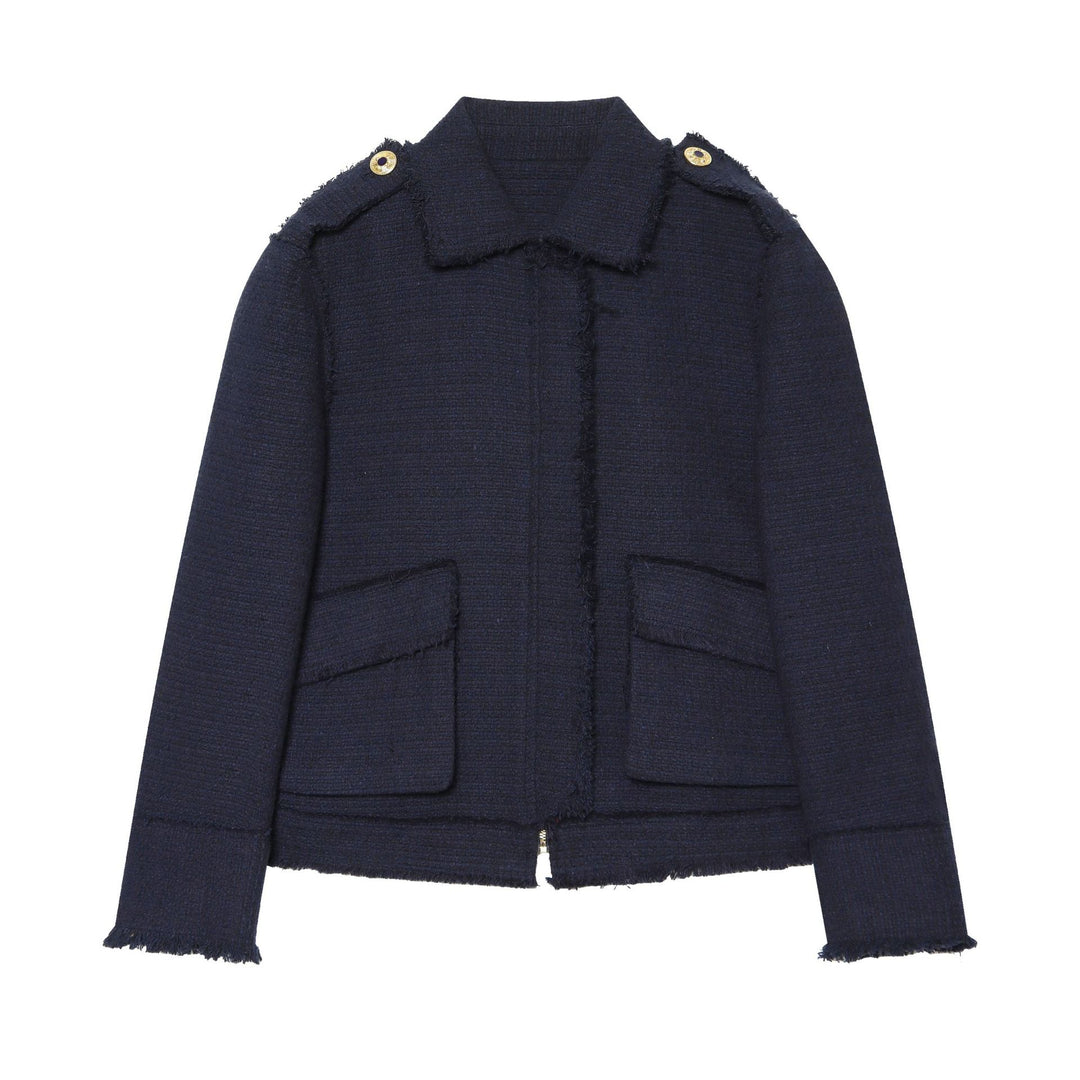 Damen Bouclé‑Tweed Kurzblouson mit Fransen‑Detail, Pattentaschen und Schulterpatten Drune