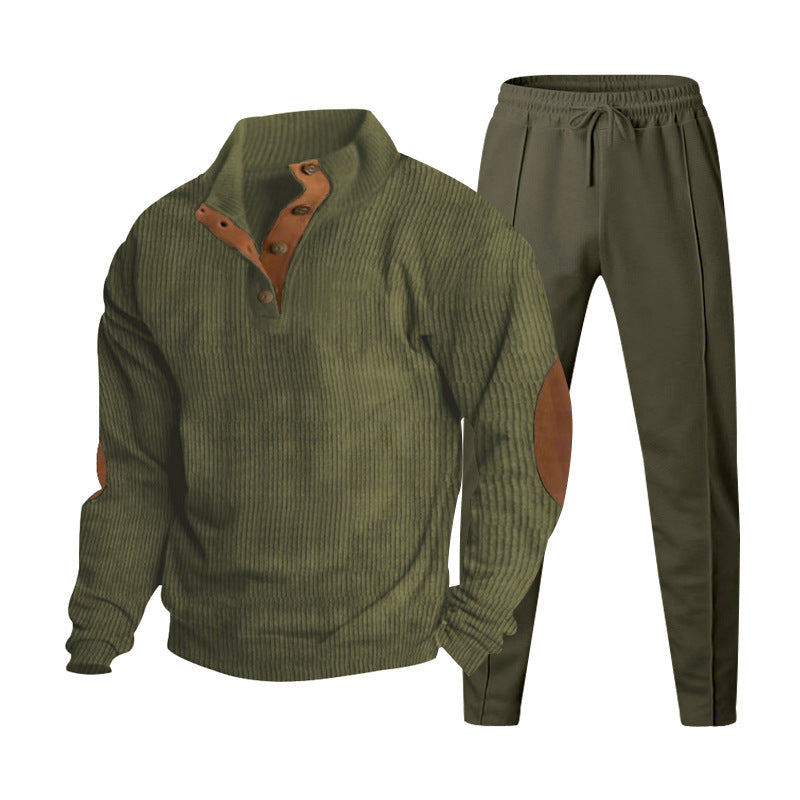 Herren Strukturiertes Henley-Loungewear-Set mit Ellenbogen-Patches & tapered Jogginghose Drune