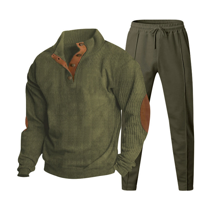 Herren Strukturiertes Henley-Loungewear-Set mit Ellenbogen-Patches & tapered Jogginghose Drune