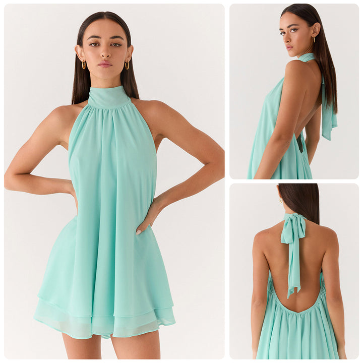 Damen elegantes Hochgeschlossenes Minikleid mit fließendem Stoff und verspieltem Volant Drune