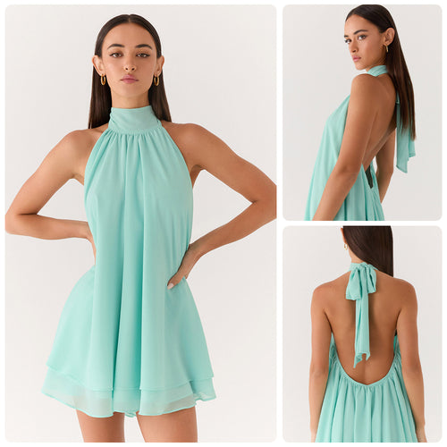 Damen elegantes Hochgeschlossenes Minikleid mit fließendem Stoff und verspieltem Volant Drune