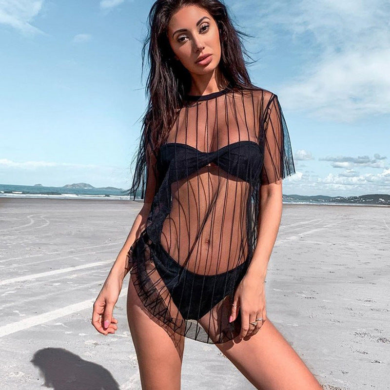 Damen Transparente Strandtunika mit vertikalen Streifen und weit geschnittenem Design Drune