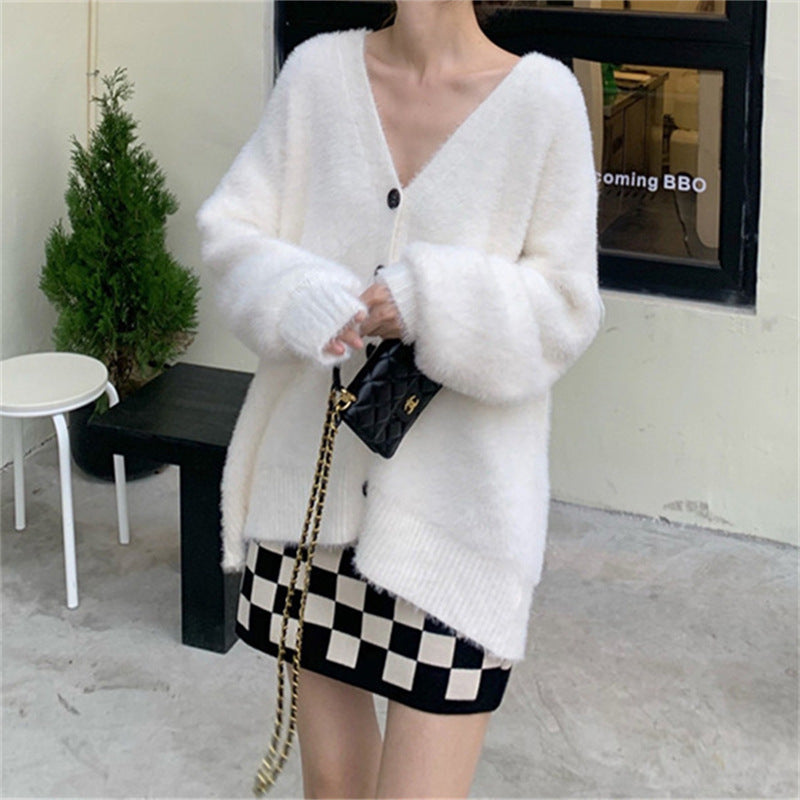 Damen Flauschiger Strickcardigan mit V-Ausschnitt und praktischen Knöpfen Drune