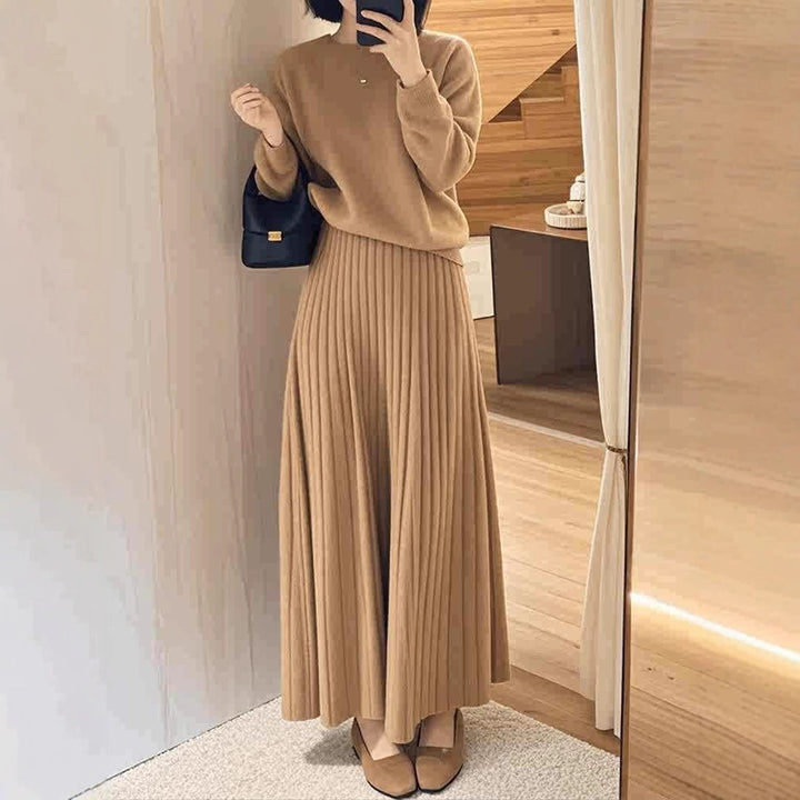 Damen Oversize-Strickpullover und plissierter Maxi-Rock Set Drune
