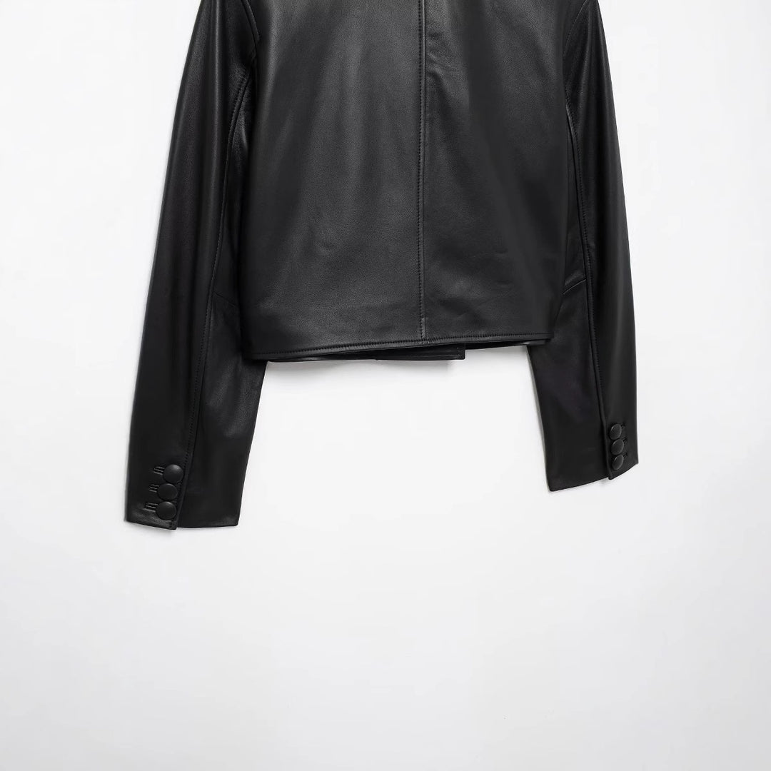 Damen nan kurz geschnittene Double‑Breasted Lederimitat Jacke mit Pattentaschen Drune