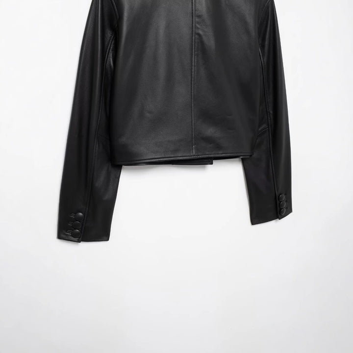 Damen nan kurz geschnittene Double‑Breasted Lederimitat Jacke mit Pattentaschen Drune