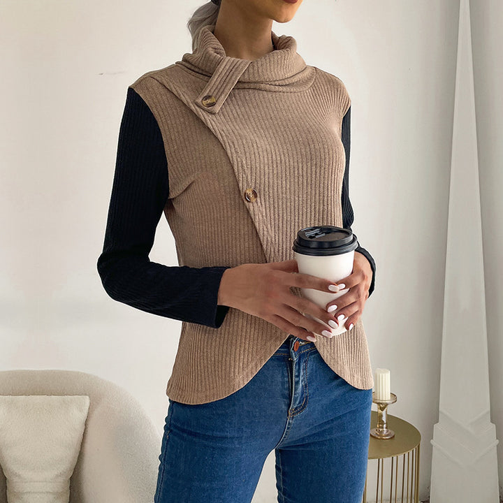 Damen Asymmetrisches Rippenstrick-Layering-Top mit Rollkragen und Zierknopfleiste Drune