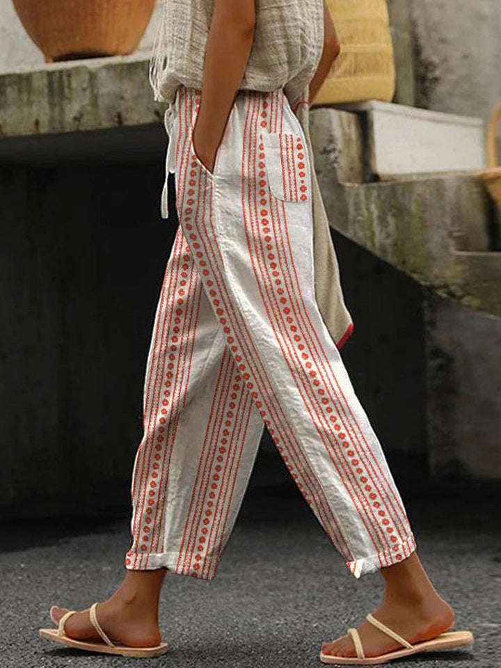 Damen Weite Leinenhose mit handgewebtem Muster Drune