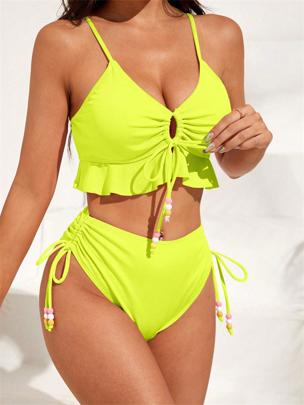 Damen Zweiteiliges Bikiniset mit gerafftem Oberteil und dekorativen Zierbändern Drune