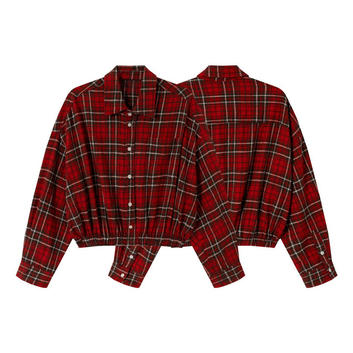 Damen Kurz geschnittene Oversize-Hemdjacke im Karo‑Flanell mit Gummizugsaum Drune