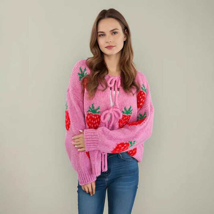 Damen Strickpullover mit zauberhaftem Erdbeermotiv und ballonen Ärmeln Drune