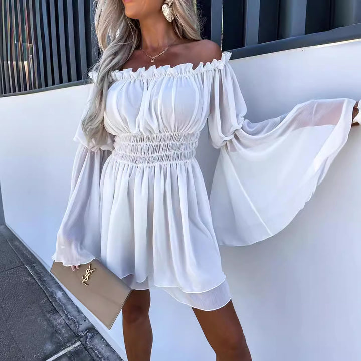 Damen Off-Shoulder Minikleid mit elastischem Taillenband und fließendem Stoff Drune