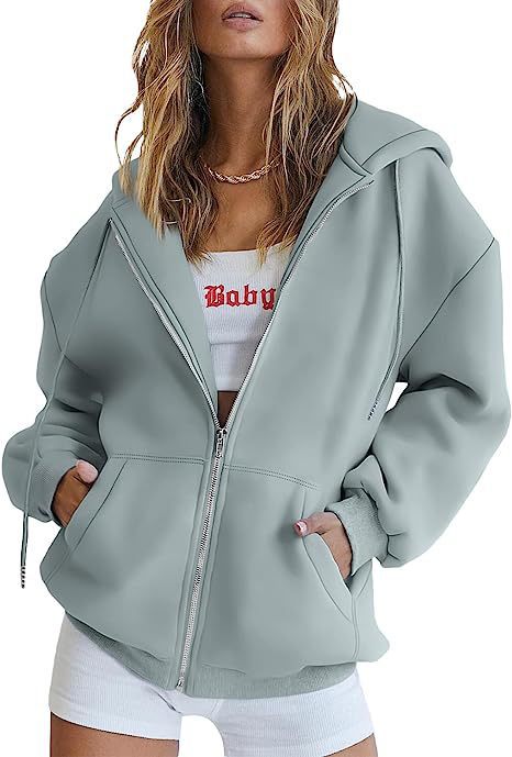 Damen nan übergroße Kapuzenjacke mit durchgehendem Reißverschluss und Kängurutaschen Drune
