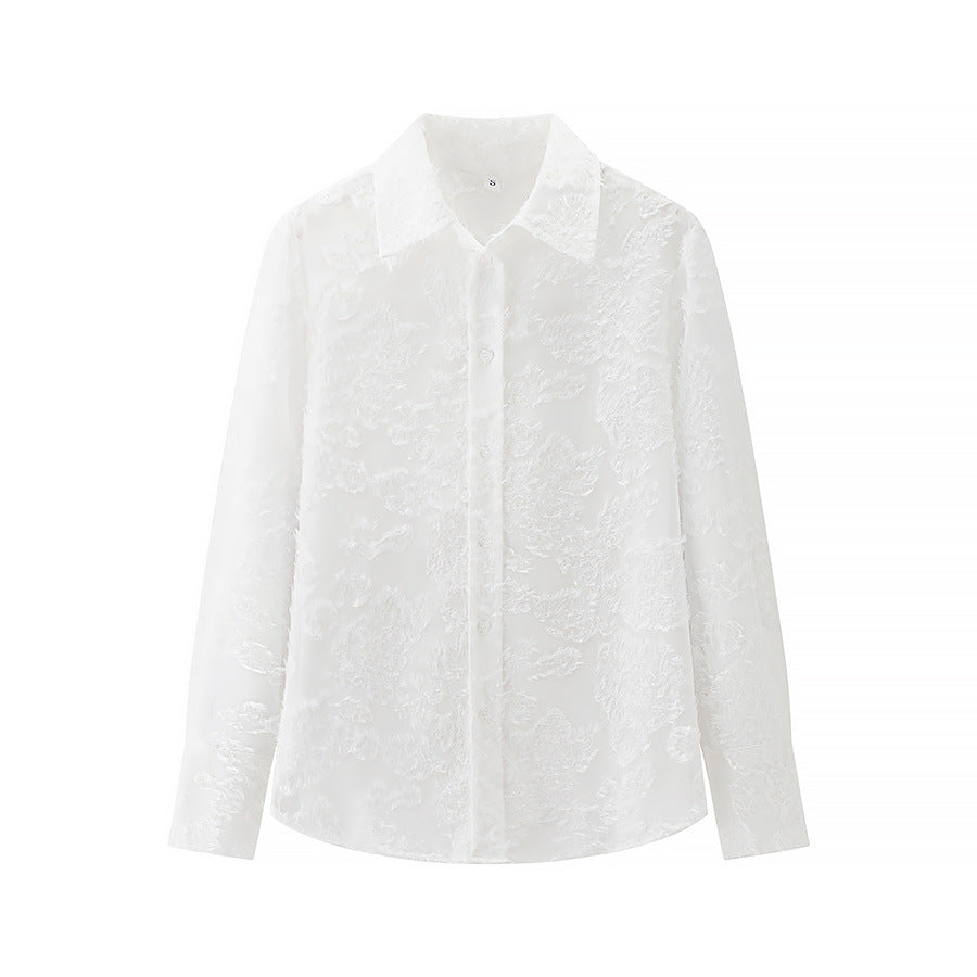 Damen nan transparente florale Jacquard-Bluse mit Hemdkragen und durchgehender Knopfleiste Drune