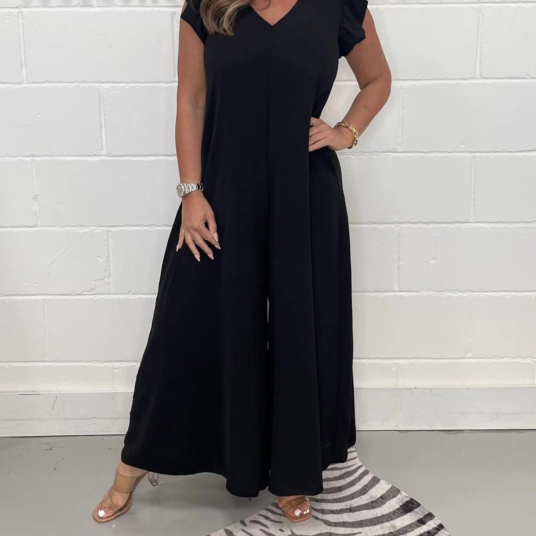 Damen gehobener Jumpsuit mit voluminösen Rüschenärmeln und V-Ausschnitt Drune