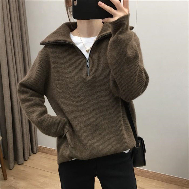 Damen Leichter Strickpullover mit hohem Kragen und Reißverschluss Drune