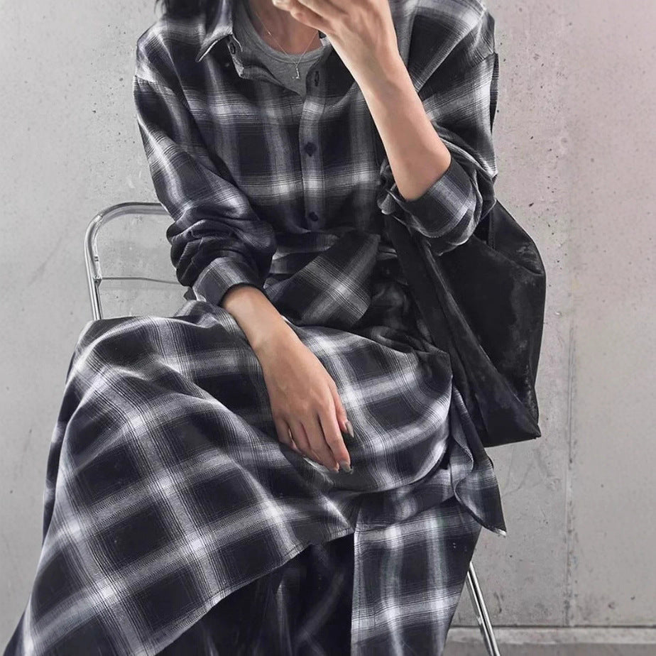 Damen Langes Karo-Hemd im Oversize‑Cut mit Taillen-Knotendetail und Seitenschlitzen Drune